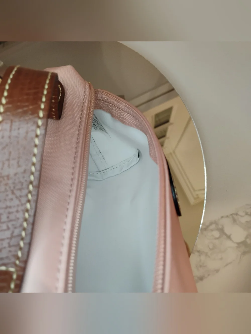 LIKE NEW Longchamp Pink Cosmetic Pouch w/ Tan Leather Trim GHW - Picture 10 of 11